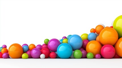 Poster - A colorful pile of balls on a white background. The balls are of different colors and sizes, creating a vibrant and playful atmosphere. Concept of fun and creativity