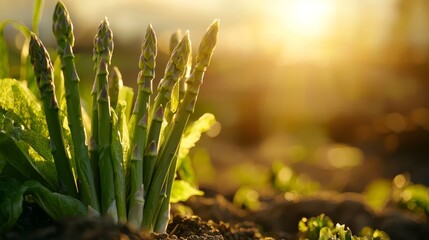  A tight shot of numerous green plants in a dirt expanse, sunlight bathing the ground behind