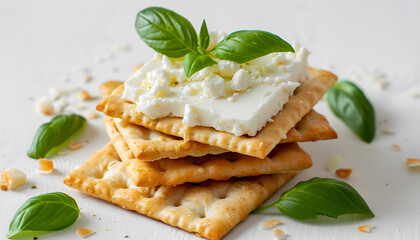 Crispy crackers with cottage cheese and basil on white background