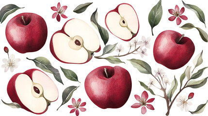 Poster - Watercolor Red Apples, Leaves and Flowers: Perfect for Fall and Autumn Designs