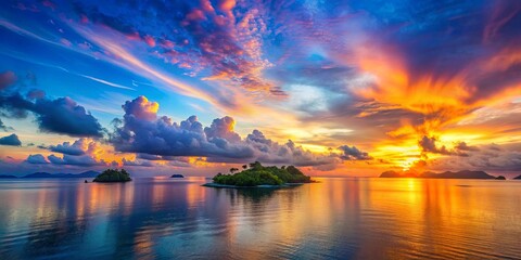 Sticker - Beautiful sunset over tranquil islands with colorful sky and clouds , sunset, tranquil, islands, beautiful, colorful, sky