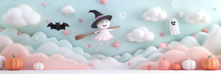 Wall Mural - Cute halloween scene with a little witch flying on a broomstick, surrounded by pastel clouds, pumpkins, and friendly ghosts, perfect for children's decorations. Halloween background.