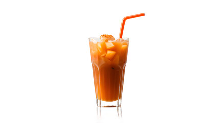 A cup of Thai iced milk tea with ice cubes, iced milk tea, Taiwanese stockings milk tea, orange juice, and fruit juice in the cup