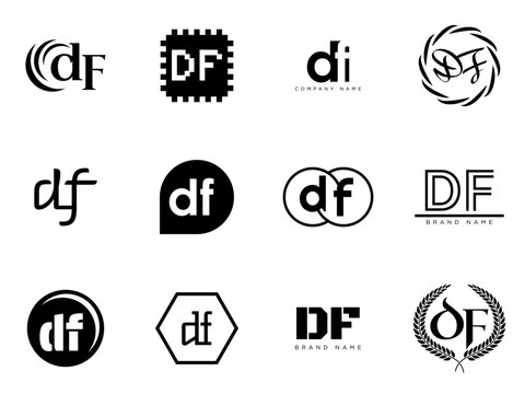 DF logo company template. Letter d and f logotype. Set different classic serif lettering and modern bold text with design elements. Initial font typography.