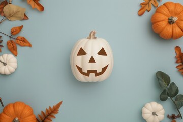 White jack-o'-lantern surrounded by autumn leaves and pumpkins on a light blue background, ideal for fall and halloween-themed designs. Halloween background.