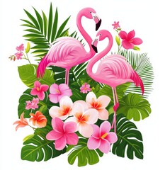 Poster - An exotic floral design with pink flamingos and exotic flowers