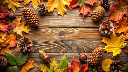 Poster - Vibrant autumn leaves, pinecones, and acorns scattered on a wooden surface essence of fall, Fall, autumn