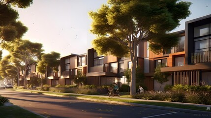 Wall Mural - Panorama of a row of new modern luxury home villas in the evening