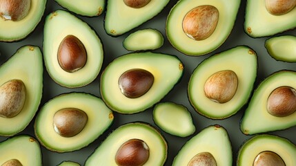 Wall Mural - A close-up arrangement of halved avocados showcasing their creamy texture and seeds.