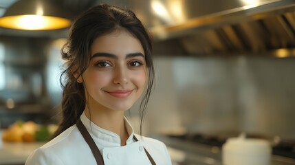 Canvas Print - A woman with long hair and a chef's apron is smiling in a kitchen. She is wearing a white shirt and apron