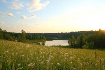 Poster - In the countryside, a sunset over wildflowers creates a beautiful sight