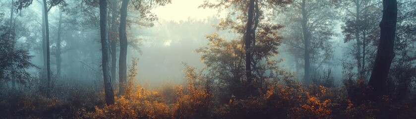 Poster - A serene forest scene enveloped in mist, showcasing tranquil colors and soft light filtering through tall trees.
