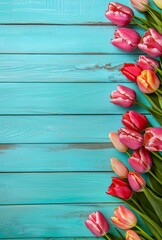 Leinwandbilder - This is a vintage flower design of tulip blossoms on vintage wooden background. It has a border frame design in a vintage color tone.
