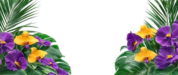 Canvas Print - Isolated on a white background, tropical green foliage plant leaves with colored flowers floral arrangement nature frame banner with clipping path.