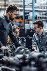 Poster - A group of people working together to assemble heavy machinery in a factory setting