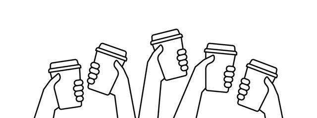 Hands of group people holding coffee in reusable cup, simple line. Together clink on break time. Fast take away drink. Takeaway drink in mug, coffee to go. Coffee lover. Vector illustration