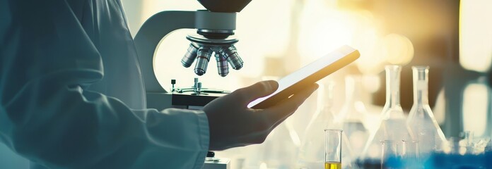 Aufkleber - Scientific and medical lab instrument, microscope, test tube, and glass flask in a lab for microbiology and chemistry in a medical study.