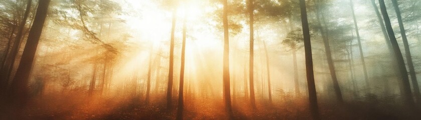 Poster - A serene forest landscape bathed in warm sunlight, with tall trees creating a magical atmosphere of tranquility and natural beauty.