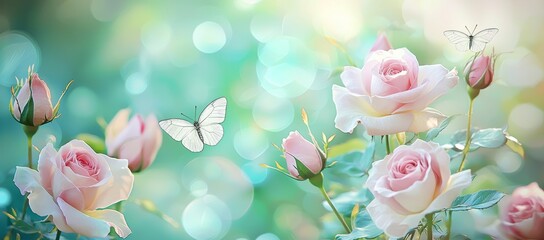 Poster - A mysterious spring floral banner with blooming roses and flying butterflies on a blurred background with glowing bokeh in soft pastel colors