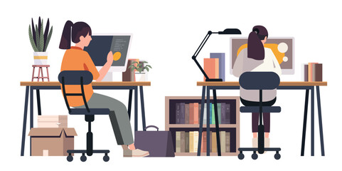 Poster - coworking space with two people working at desks plants bookshelves and office supplies modern workp
