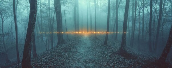 Poster - Serene forest scene shrouded in mist, with a mysterious glow illuminating the path, inviting exploration and solitude.