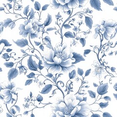 Poster - Chintz seamless pattern with blue flowers on a blue floral background. Indian fabric with blue flowers on a blue background.