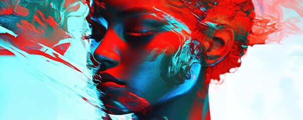 Aufkleber - A vibrant portrait featuring a woman's face, blending colors and abstract art in a striking visual composition.