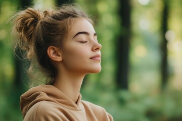 Wall Mural - Zen Gen Z: Young Woman Meditating in Serene Forest for Digital Detox Meditation