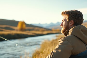 Wall Mural - Serene Gen Z Man Fishing on Tranquil River - Embracing a Tech-Free Escape into Nature