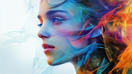 Poster - A vibrant portrait showcasing a woman with colorful flowing hair and expressive features, embodying creativity and emotion.