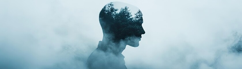 Poster - A surreal depiction of a head silhouette blended with nature, evoking introspection and connection with the environment.