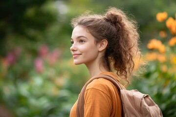 Wall Mural - Serene Gen Z Woman Embracing Nature in Botanical Garden - Digital Detox Concept