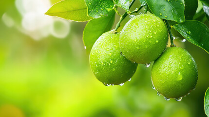 Fresh green limes with water droplets on leaves, captured in a natural setting amidst a blurred green background