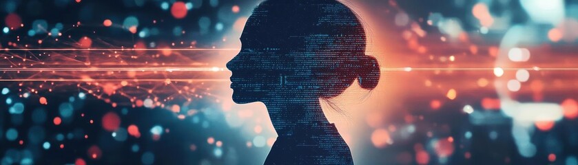 Poster - Silhouette of a woman with abstract digital effects, representing creativity, technology, and connection in a vibrant atmosphere.