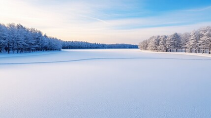 A serene winter landscape with a frozen lake and snow-covered trees under a clear blue sky, capturing the beauty of a cold, tranquil morning.