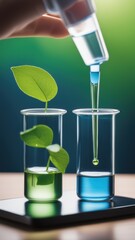 A hand pours blue liquid into two glass beakers containing plant cuttings on a softly blurred green background.