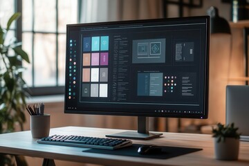 A modern workspace featuring a sleek computer monitor displaying a vibrant digital interface, perfect for creative professionals.