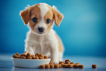 A small puppy next to dog food, ideal for advertising pet food products. The image is perfect for showcasing nutrition and care for pets.