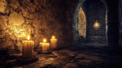 A dimly lit stone hallway featuring glowing candles and an elegant lantern, evoking a sense of mystery and ancient atmosphere.