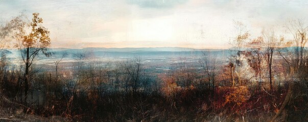 Aufkleber - Breathtaking panoramic landscape showcasing tranquil water and autumn foliage under a soft pastel sky.