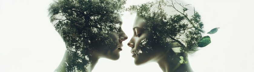 Poster - An artistic portrayal of two profiles intertwined with greenery, symbolizing connection with nature and human emotions.