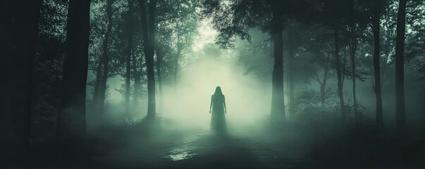 Poster - A mysterious figure stands in a foggy forest, creating an eerie and captivating atmosphere, perfect for spooky themes.
