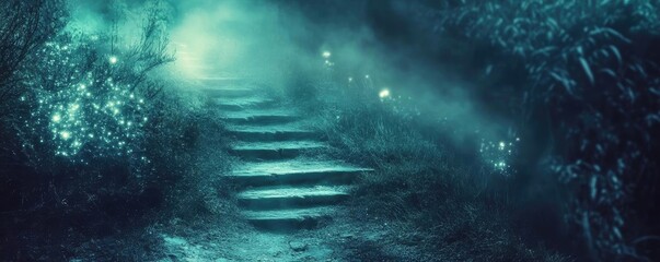 Poster - A mystical pathway illuminated by ethereal lights, inviting exploration into the enchanting forest depths filled with intrigue.
