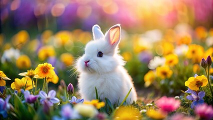 Fluffy white bunny sitting in a field of colorful spring flowers, bunny, rabbit, fluffy, white, pet, animal, cute, adorable, Easter