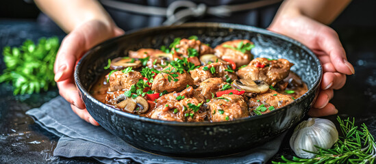 Coq au vin is a classic French dish consisting of chicken braised with red wine, mushrooms, onions, garlic, and sometimes bacon or lardons