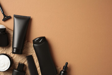 Wall Mural - bathroom shampoo bottles with cream and deodorant on brown background.