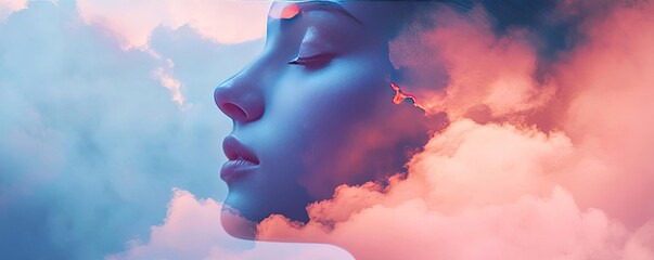 Poster - A serene profile of a woman blended with soft, dreamy clouds, evoking tranquility and imagination in a captivating scene.