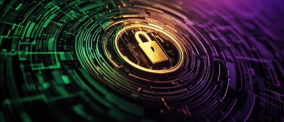 Poster - A digital lock symbolizing cybersecurity, set against a vibrant tech background, showcasing protection and data security concepts.