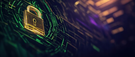 Poster - A digital padlock symbolizing cybersecurity, surrounded by abstract technology elements. Perfect for illustrating security concepts.