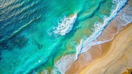 Canvas Print - Aerial view of clear turquoise sea and waves on sandy beach, aerial view, clear water, turquoise sea, waves, sandy beach